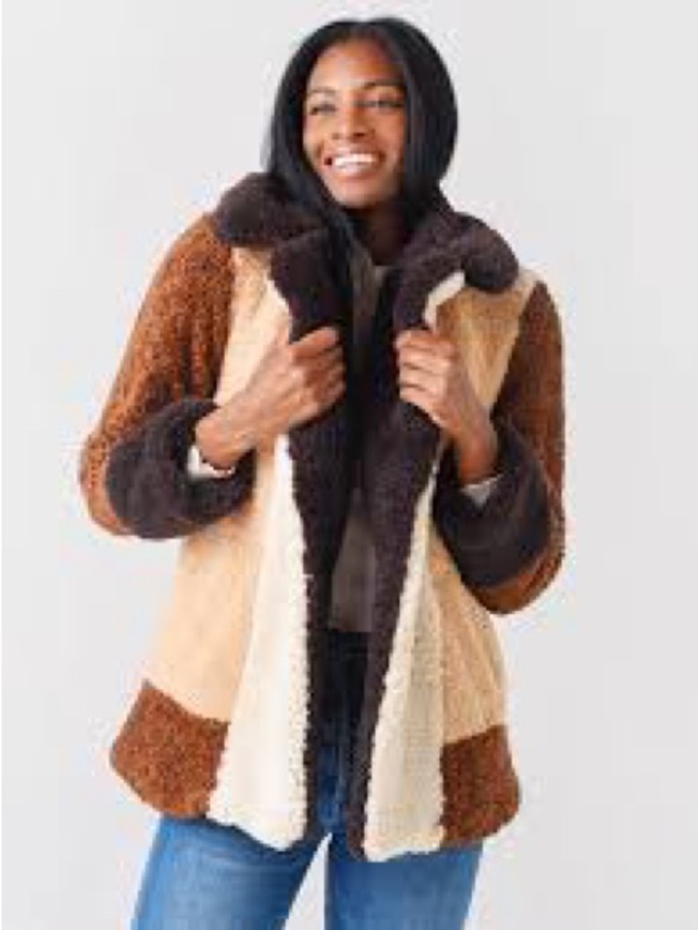 A.L.C. Stefan Faux Fur Color-blocked Teddy Coat in Brown & Cream